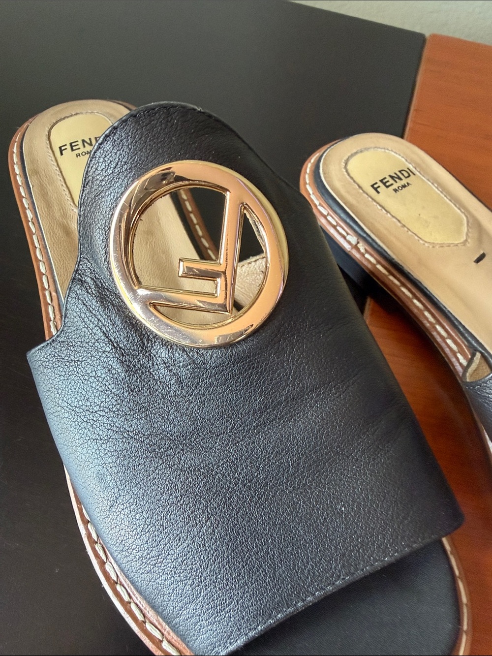 Fendi Black Leather Slides with Gold FF Medallion - Picture 3 of 6
